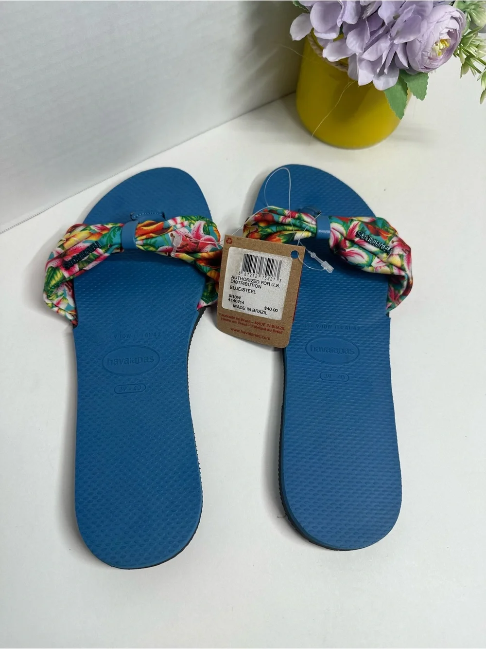 Havaianas Blue Floral Bow Toe-Post Slide Sandals for Women